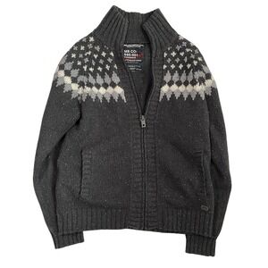 Meters/bonwe Cotton Blend Mens M Full Zip Nordic Fair Isle Sweater Charcoal Grey